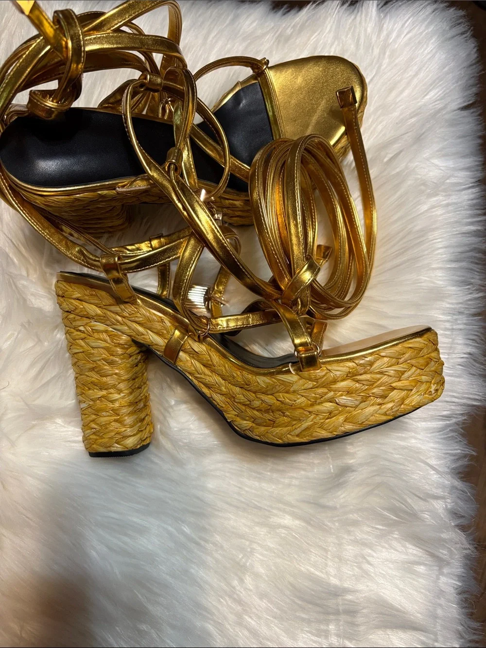 Metallic Gold Strappy Platform Wedge Sandals for Women